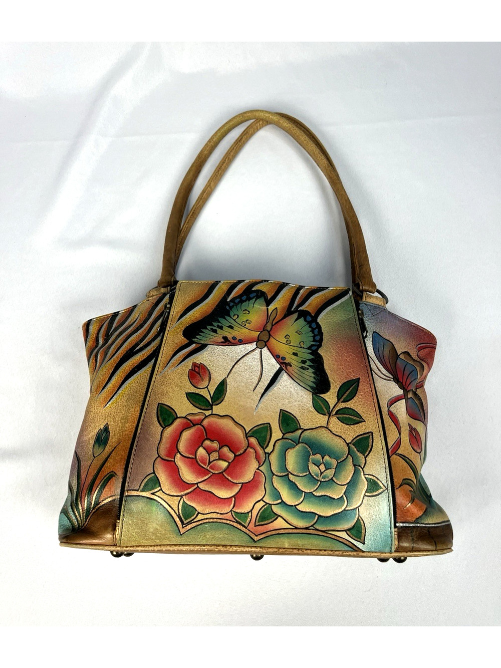 Anushka Leather Hand Painted Hobo Organizer Artsy Butterfly Floral Purse